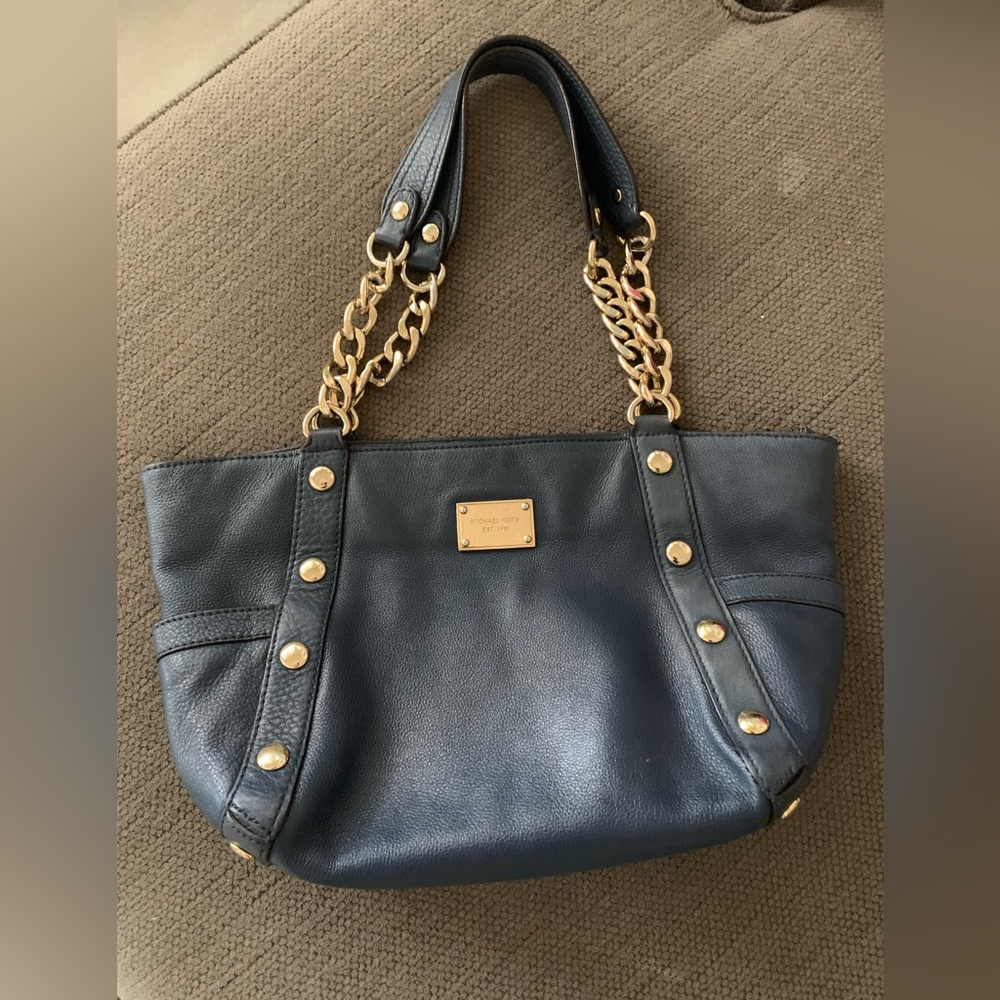 Michael Kors Navy Leather Shoulder Bag Brass Chain